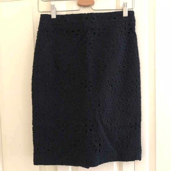 J Crew No 2 Pencil Skirt Eyelet Style 00 Navy Blue